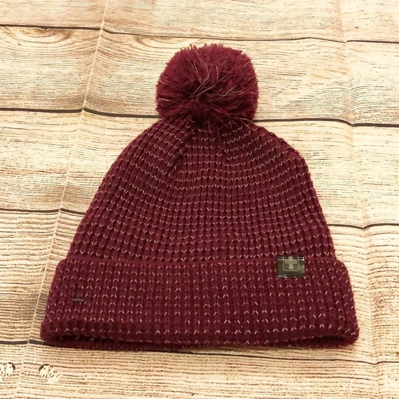 Swiss Tech Burgandy and Silver Pom Pom Beanie One Size - Picture 7 of 7